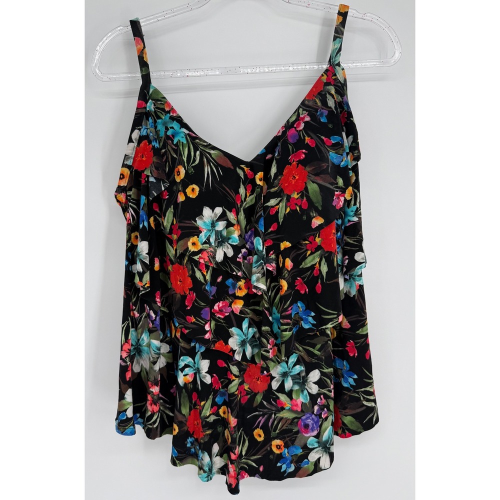 Aqua Green Women Sz 18W Floral Tiered Ruffle Tankini Top Black Tropical